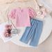 Ropa de verano para niñas pequeñas, top con lazo tridimensional y mangas abullonadas, pantalones vaqueros, traje para bebés y niños pequeños_voghion.com