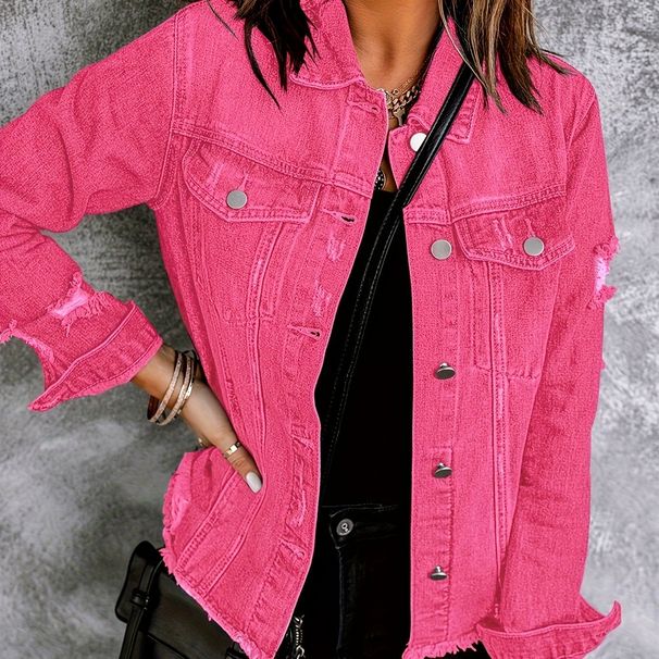 Giacca in denim effetto consumato da donna con dettagli strappati, gilet in denim oversize casual azzurro chiaro, misto spandex elasticizzato per il massimo comfort_voghion.com