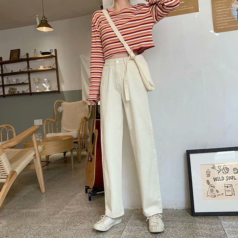 Vêtements pour femmes Pantalons droits en denim délavé élastique à la mode Jeans Pantalons pour femmes_voghion.com