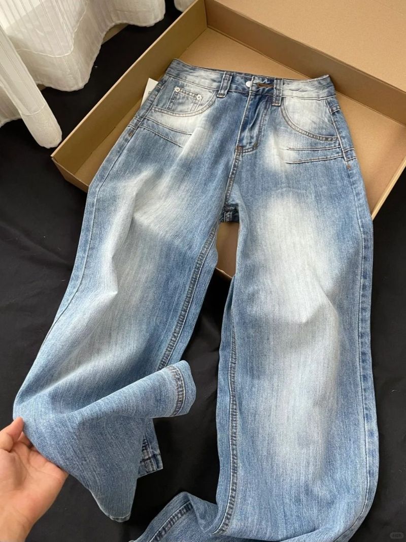 Pantalones vaqueros rectos de cintura alta de diseño retro de verano y otoño, pantalones largos de pierna ancha holgados y delgados con drapeado fino_voghion.com