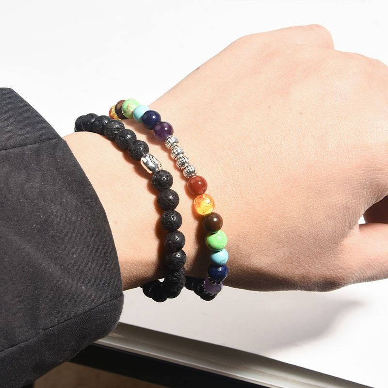 Acessórios: Pulseira Árvore da Vida em Pedra Vulcânica de 6mm, Pulseira Multicamadas para Yoga com Pedras Coloridas_voghion.com