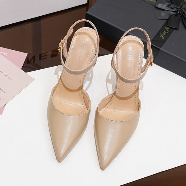 Women's One piece leather high heels with French back and pointed high heels for professional white collar workers, formal high heels_voghion.com