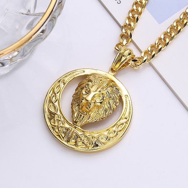 Collana da uomo con ciondolo rotondo a forma di leone, stile hip hop punk rock, moda di strada, accessori per uomo e donna._voghion.com