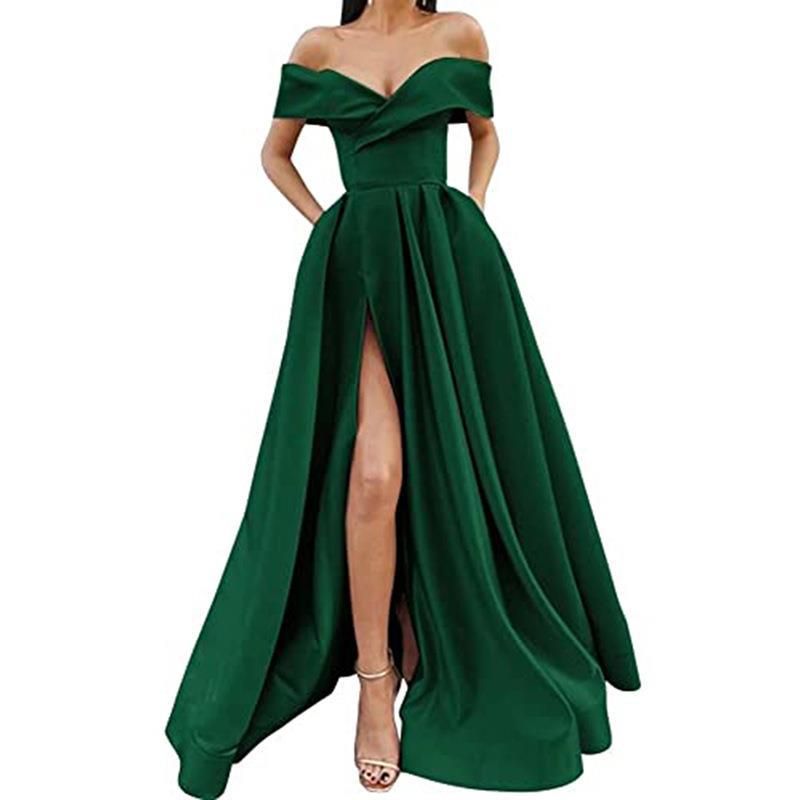 Kleid, Party, Abendkleid, One-Shoulder-Satin, langes Übersee-Lagerkleid_voghion.com