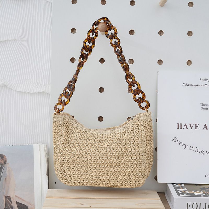 Damen Taschen Sommer Acryl Kette Schulter Unterarm Tasche Einfarbig Einfache Stroh Tasche Meer Urlaub Strand Tasche Weiblich_voghion.com