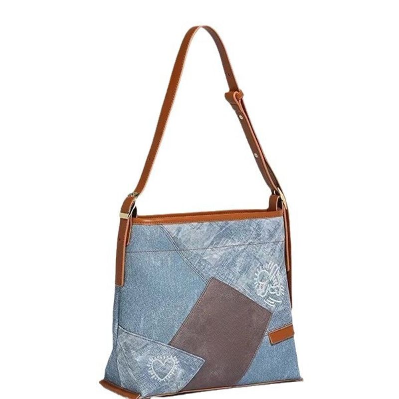 Borsa a secchiello con tracolla e tracolla in denim graffiti, piccola, per la primavera e l'estate 2025, moda casual, quotidiana, di nicchia, personalizzata, per pendolari_voghion.com