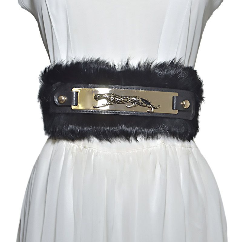 New Winter Plush Elastic Women's Rabbit Hair Decorative Waist Cover Women's Versatile Leopard Head Wide Belt Wholesale_voghion.com