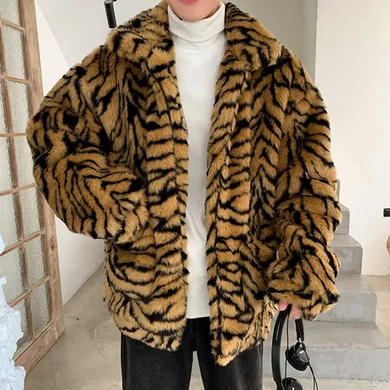 Men's Men Winter Faux Fur Furry Coat Loose Male Leopard Print Tiger Stripe Jacket Oversize Boys Haruku Outerwear Xxxl_voghion.com