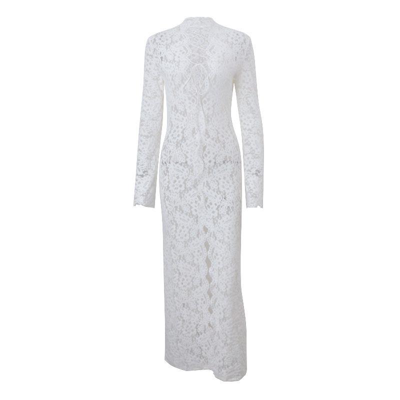 Damenbekleidung Neue Sexy Hot Girl Brustgurt Spitzenrock Mit Schlitz Langarmkleid_voghion.com