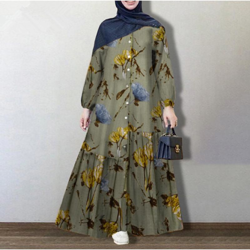 Women's Clothing Muslim Cotton And Linen Printed Round Neck Button Puff Long Sleeves Elastic Cuffs Fashionable Loose Casual Dress_voghion.com