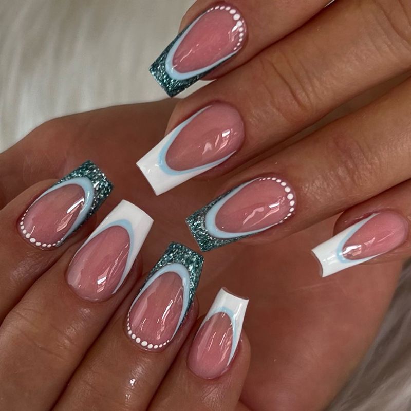 Ballet 24Pcs Mid-length French False Nails Light Blue French Glitter Fake Nails with Glue Wearable Full Cover_voghion.com