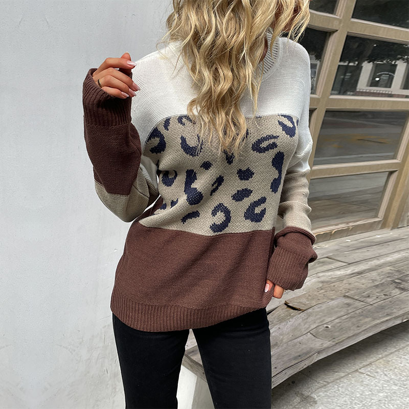 Γυναικεία ρούχα μόδας casual γυναικείο μακρυμάνικο πουλόβερ με αντίθεση με λεοπάρ_voghion.com