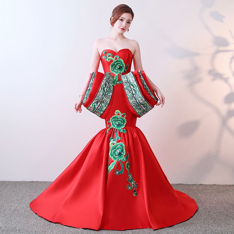 Handbesticktes rotes chinesisches Abendkleid mit abnehmbarer Schleppe – Elegantes Meerjungfrauenkleid für Bühnenauftritte, Modenschauen und kulturelle Veranstaltungen_voghion.com