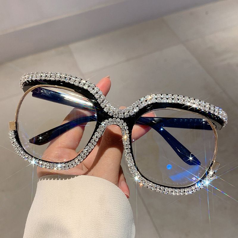 Trendy Owl Large Non-Prescription Fashionable Personality Double Row Diamond-Encrusted Frame Glasses_voghion.com