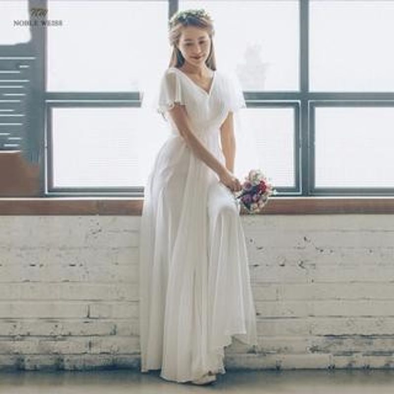 Abito da sposa leggero francese da donna 2024 nuovo semplice abito da sera per banchetto di nozze in stile foresta a maniche corte super fata all'aperto_voghion.com