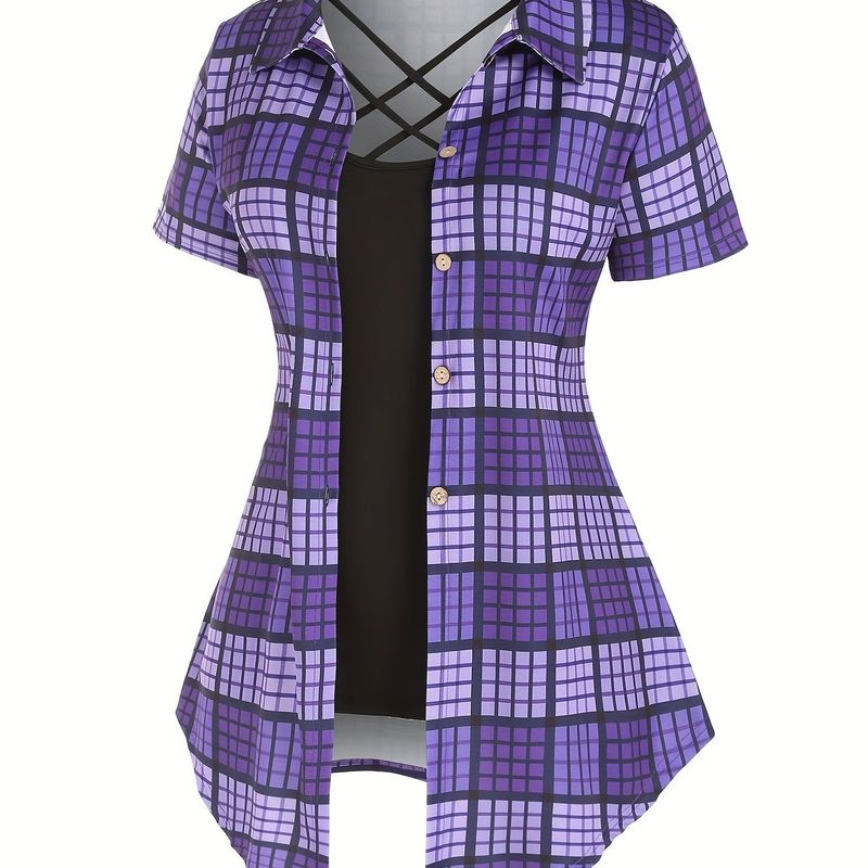 Plus Size Casual Outfits Two Piece Set, Women's Plus Plaid Turn Down Collar High Waist Short Sleeve Bandana Hem Medium Stretch T-shirt & Criss Cross C_voghion.com