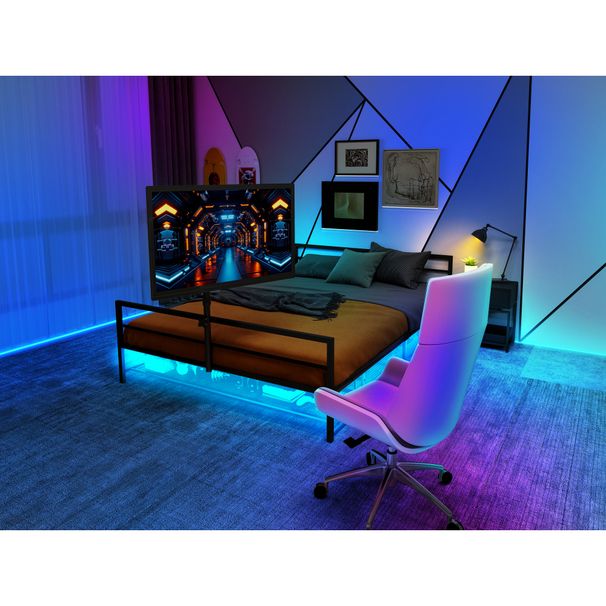 Schwarzes Gaming-Bett Mit Verstellbarer Halterung, LED-Beleuchtung und Unterbett-Aufbewahrungskörben. Großes Metallbett Mit Einer Länge Von 206 Cm._voghion.com