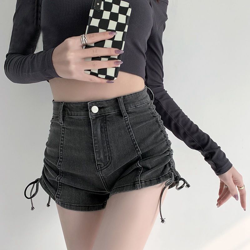 Trekkoord denim shorts voor dames in de zomer, niche design met hoge taille afslankend effect. Pittige meisjes hebben een_voghion.com