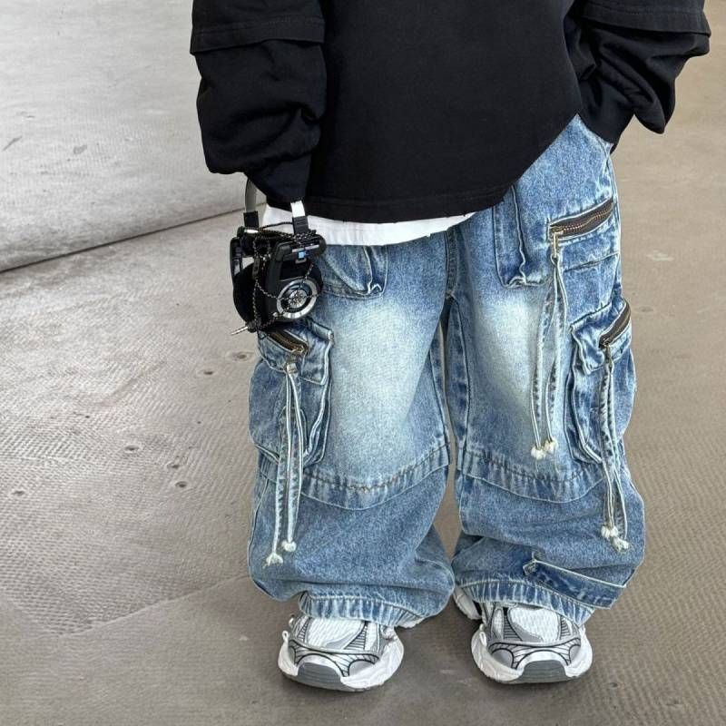 2024 Spring New Korean Boys Workwear Design Versatile Straight Jeans Children's Wide Leg Trousers Trend_voghion.com