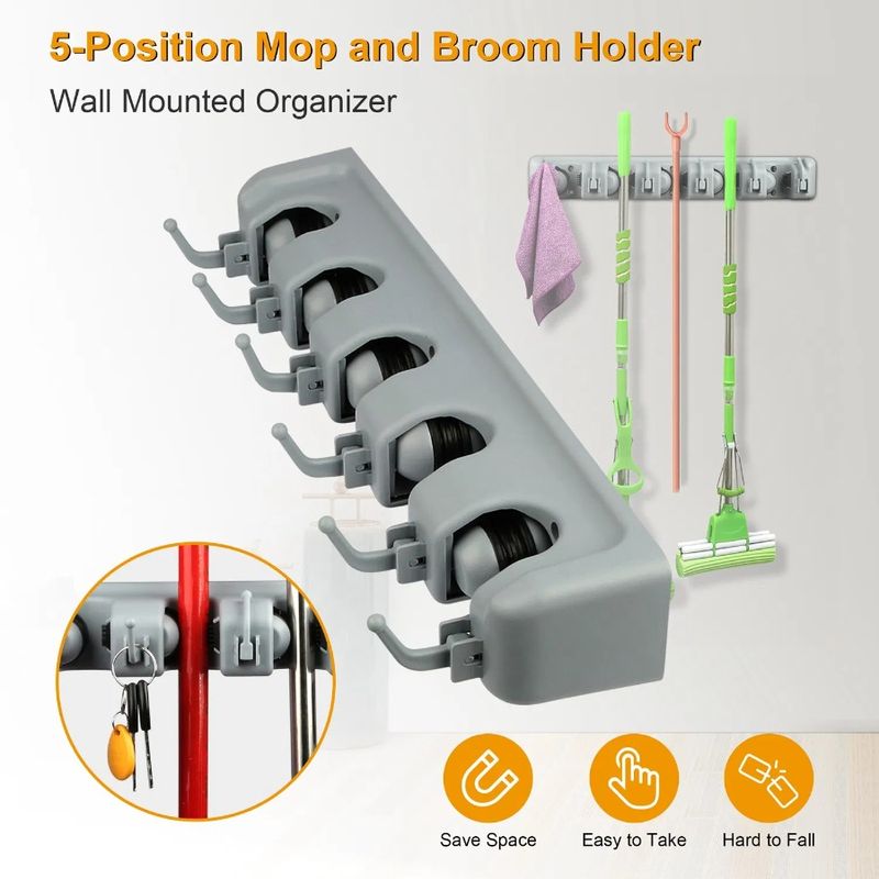 Storage Holder Organizer Broom 5-Position Holder W Mount Hanger Wall Rack Mop Mop Mop_voghion.com
