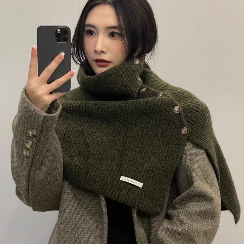 Koreaanse versie split hooggesloten wollen sjaal met dames herfst winter knoop gebreide hoes voor hoofd nek, warm en_voghion.com