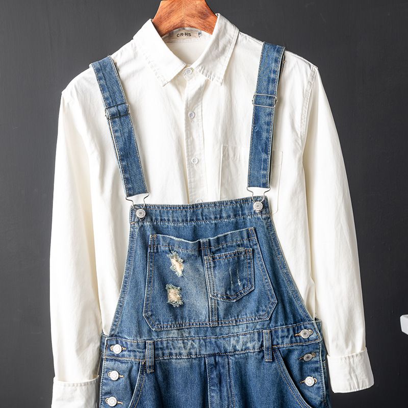 Men's Clothing Hong Kong style brand loose one piece nine point pants men's ripped nostalgic age reducing denim overalls summer overalls men_voghion.com
