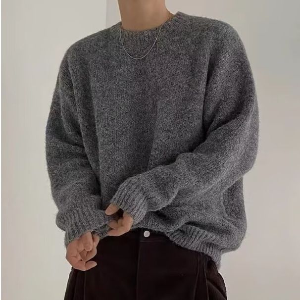 Men's Soft Knit Sweater - Retro Solid Color Pullover With Cozy Fleece Lining, Comfortable Loose Fit Crewneck For Casual Winter Wear_voghion.com