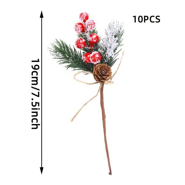 10 Stück künstliche Kiefernzapfen mit roten Beeren für Bastelarbeiten - Immergrüne künstliche Kiefernzweige, Stechpalmenzweig_voghion.com