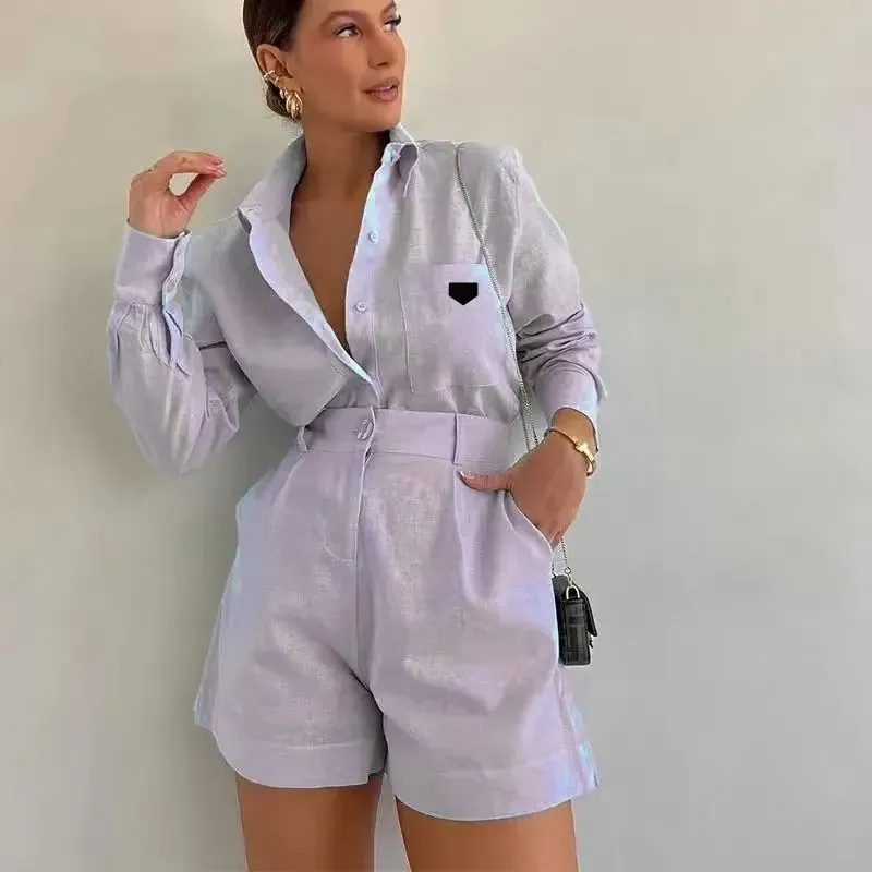Completo corto bianco 2025 da donna, camicetta ampia in lino a maniche lunghe, pantaloncini a vita alta, completo estivo da donna in 2 pezzi_voghion.com
