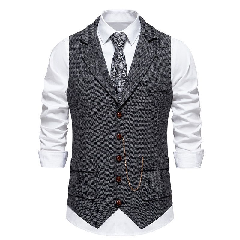 Abito in lana a spina di pesce primavera/estate 2024, bavero, catena di cavallo, gilet, gilet da uomo_voghion.com