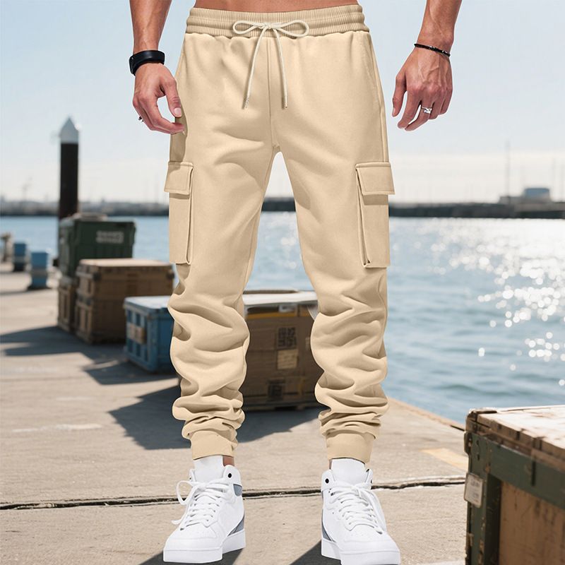 Pantalon cargo de travail épais pour homme avec plusieurs poches, coupe ample, revers à la cheville, polyester respirant pour un confort optimal en automne et en hiver._voghion.com