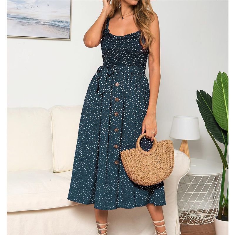 ​​"Sommerkleid mit Volantsaum und Punkten – Hohe Taille, verstellbare Träger (S-XL) | Klassisches Schwarz & Smaragdgrün"​​_voghion.com
