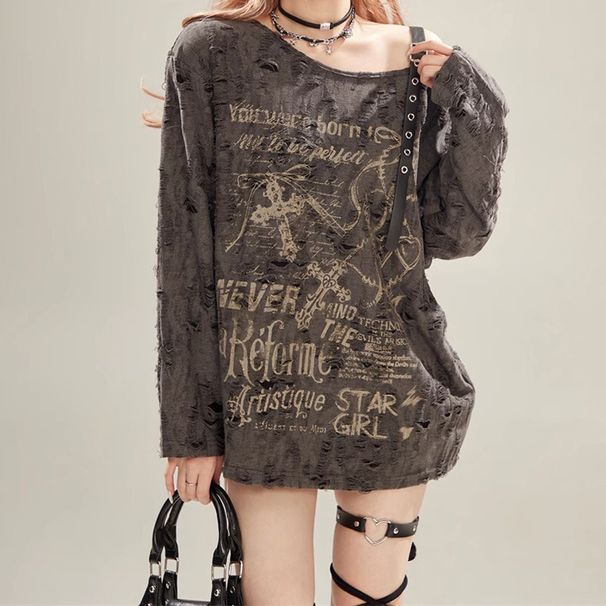 Wasteland Style Off-Shoulder Hot Girl Printed Blouse Top For Women, Distressed Loose-Fit Lazy Long-Sleeve T-Shirt,_voghion.com