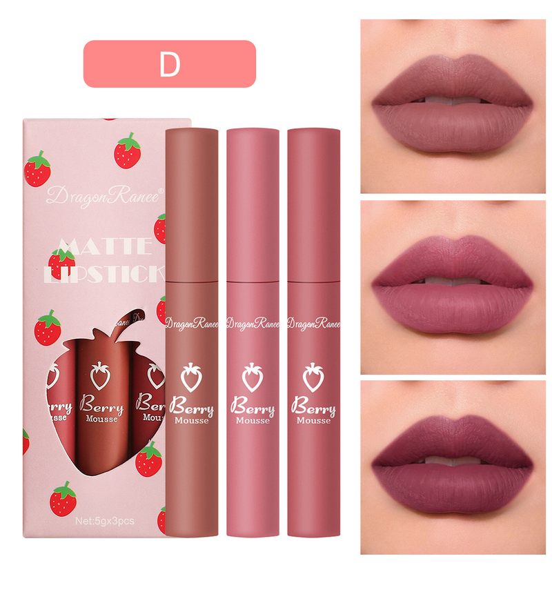 3-Stéck Set mat Äerdbiermotiv - Samtmatte Lipgloss & Lippenstift Kit fir Fraen, Net-klebrig, laang halen & léif Make-up Kollektioun_voghion.com