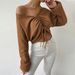 2023 Spring/Summer New Women's Loose casual V-neck drawstring Waffle Long sleeved T-shirt with exposed navel and_voghion.com