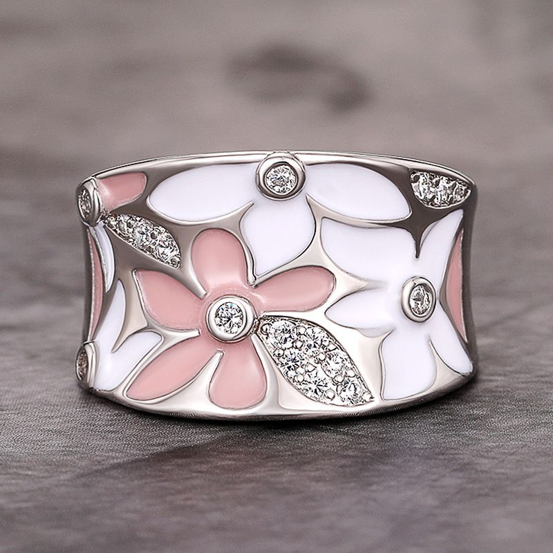 Bellissimo anello coreano con fiore intarsiato in zirconi di Cao Shi, piccolo e fresco, edizione larga_voghion.com