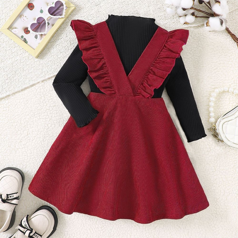 EW Abbigliamento per bambini Nuovi prodotti per la collezione autunnale per ragazze - Set top a maniche lunghe Pit Strip+gonna con spalline TZ669-A_voghion.com