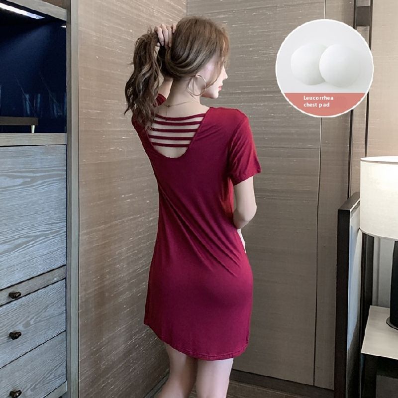 Modal sexy backless cross nightgown women's suspender summer sleepwear short sleeved V-neck solid color tempting home_voghion.com