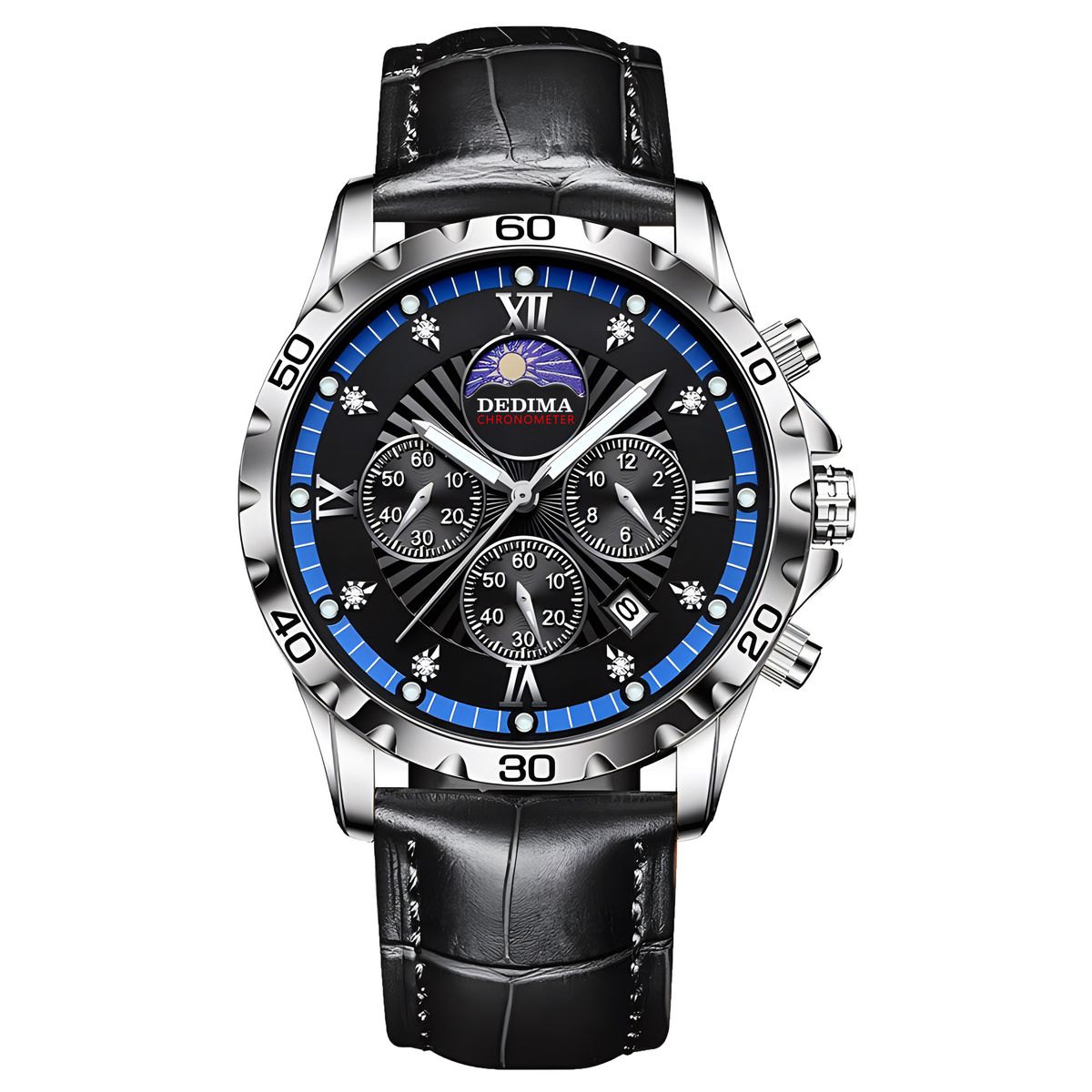 Four Eye Six Pin Sun, Moon And Stars Multifunctional Diamond Studded Waterproof Luminous Fashion Men's Watch Solid Steel Belt Butterfly Buckle_voghion.com