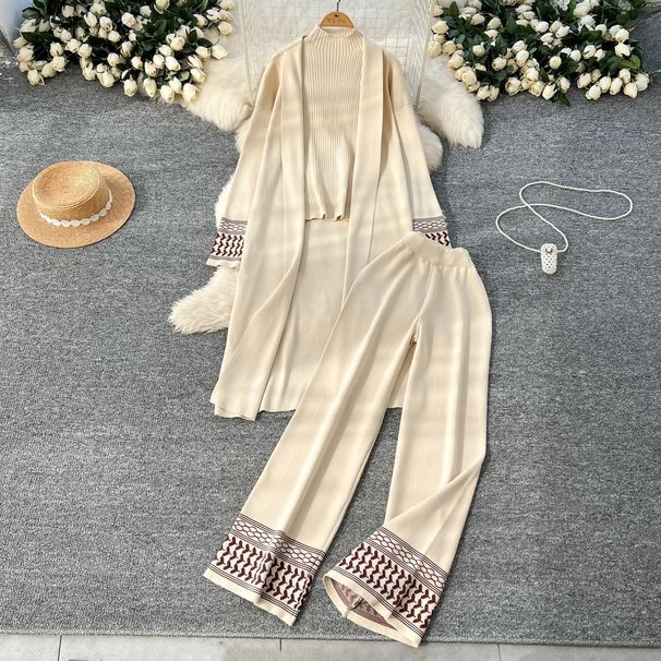 Completo da salotto in jacquard da donna: cardigan oversize drappeggiato + top in maglia con scollo rotondo + pantaloni larghi e fluidi (completo coordinato da 3 pezzi)_voghion.com