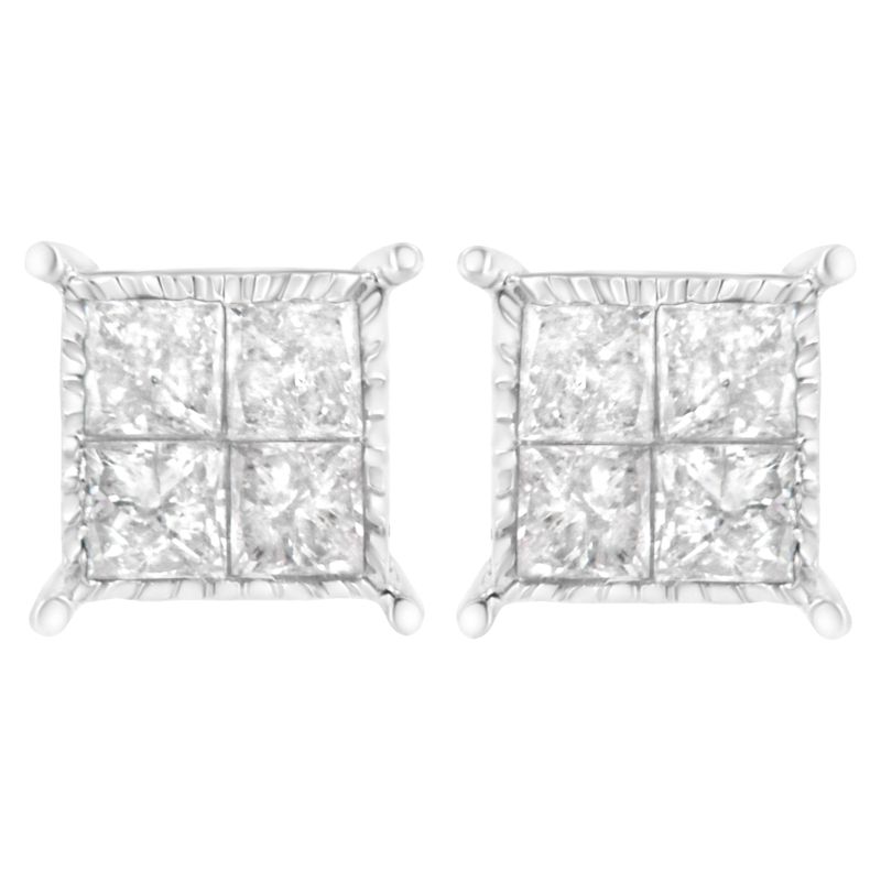 10K White Gold Square Earrings with Princess Cut Diamond (3/4 cttw, I-J Color, I2-I3 Clarity)_voghion.com