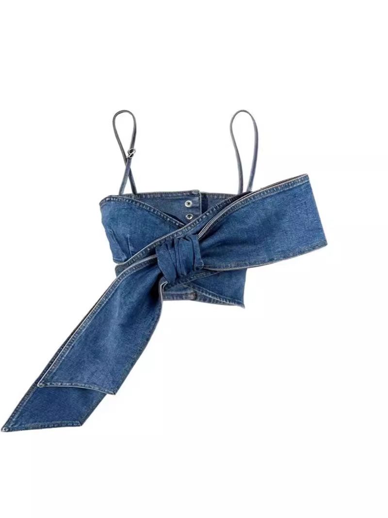 Nowa Retro Gorąca Dziewczyna Osobowość Trójwymiarowa Kokarda Tuba Top Kamizelka Europejska I Amerykańska Modna Suspender Tuba Top Denim Suspender Top_voghion.com