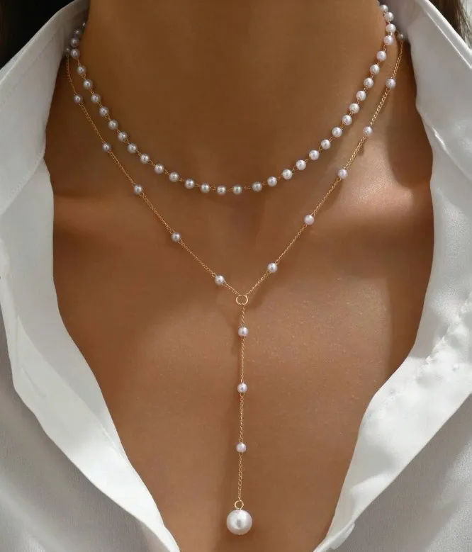 Biżuteria Moda Nowy naszyjnik z pereł Kobieca osobowość Naszyjnik z pereł w kształcie litery Y, frędzel, układanie, łańcuszek na obojczyk_voghion.com