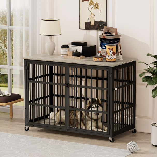 Furniture style dog crate wrought iron frame door with side openings, Grey, 43.3''W x 29.9''D x 33.5''H._voghion.com