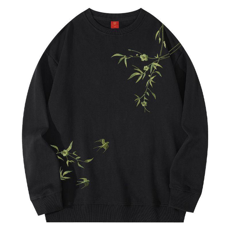 Herrenbekleidung plus Fleece-verdickter, mit Bambus bestickter Kapuzenpullover für Männer, lose reine Baumwolle, schwer_voghion.com