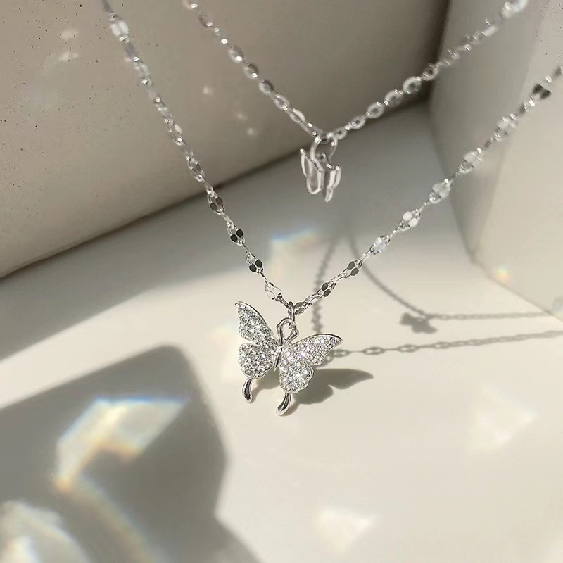 Collana a farfalla in argento sterling S925 versione coreana nicchia a doppio strato farfalla personalizzata versatile catena al collo in stile leggero e di lusso_voghion.com