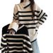 Design Sense Irregular Turtleneck Striped Long-sleeved Knitted Sweater Women's Medium And Long Top_voghion.com