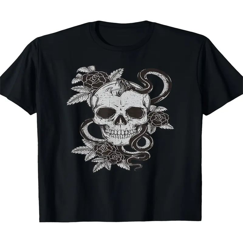 Vintage Skull Snake Rose Art Shirt Old School Tattoo Tee._voghion.com