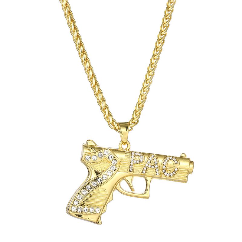 Unisex Gun Pendant Diamond Necklace Number 2 PAC Letter Necklace Men's Exaggerated Hip Hop Pendant_voghion.com