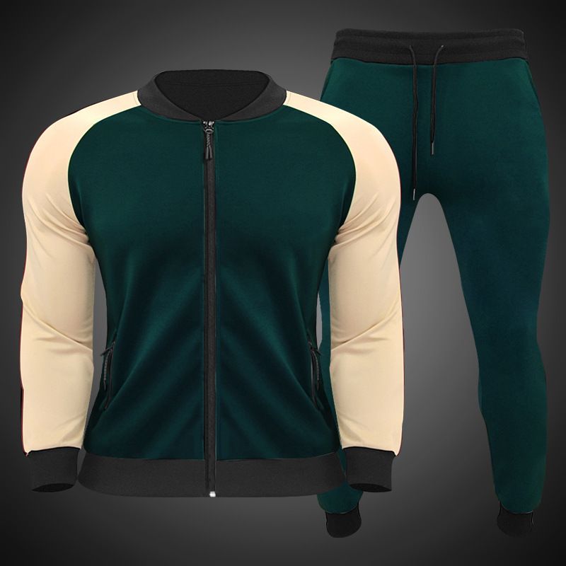 C&J New Youth Fashion Mock Neck Zipper Shirt Color-blocking Casual Sports Set Men_voghion.com